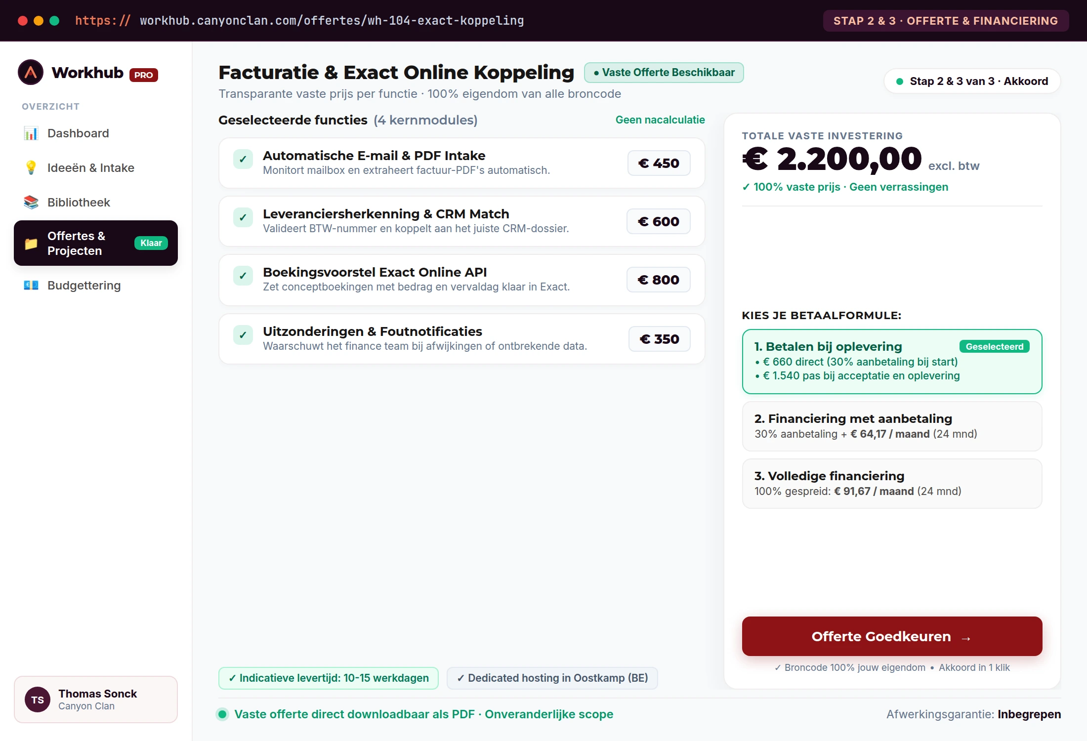 Workhub Steps 2 & 3: Fixed quote per feature and flexible financing